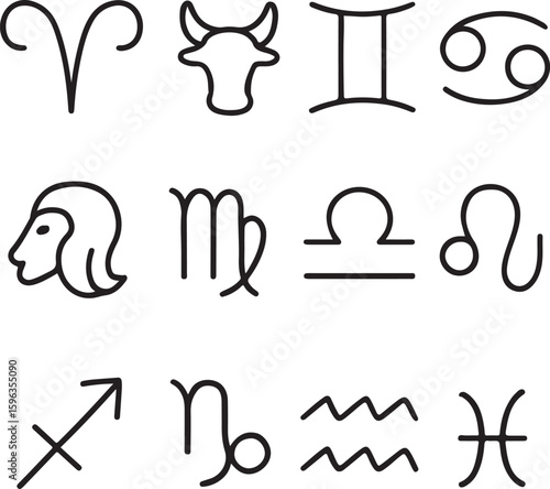 Zodiac Signs Minimalist Line Art Astrological Symbols Black on Transparent Background