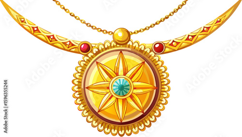 Elegant gold necklace with round pendant and sparkling details white .background