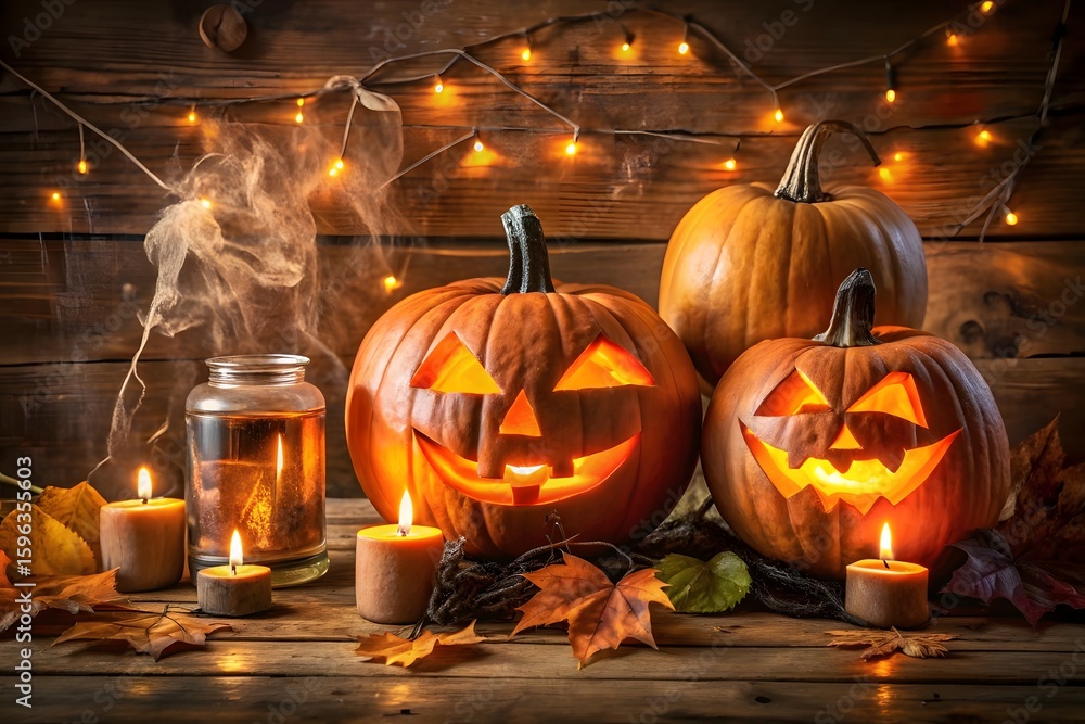 Fototapeta premium Glowing jack o lanterns and candles on a rustic wooden surface