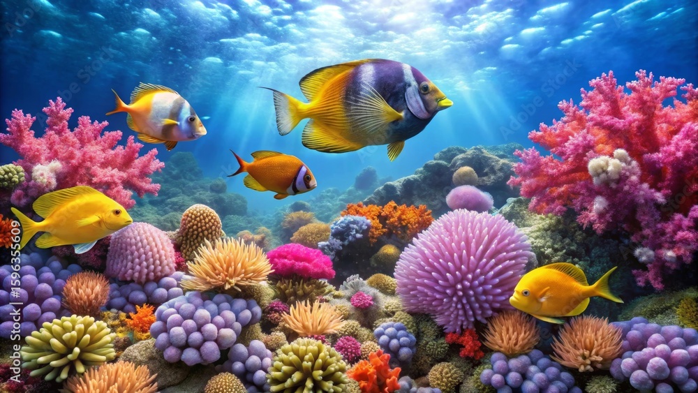 Obraz premium Vibrant Reef Ecosystem A Stunning Underwater Scene Showcasing Diverse Coral Formations and Colorful Fish