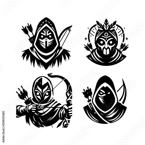 Flat icon of a masked tribal archer with glowing eyes
