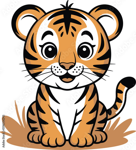 Adorable cartoon baby tiger cub sitting in grass with big expressive eyes and cute striped fur