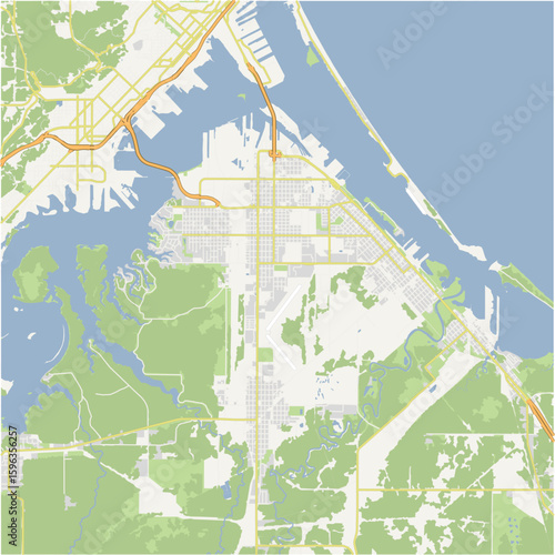 Map of Superior in Wisconsin in a normal road map style. Contains layered vector with roads water, parks, etc.