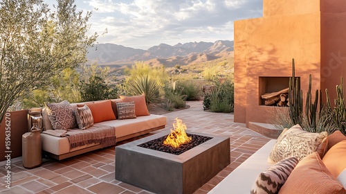 Cozy outdoor patio with fire pit and mountain view