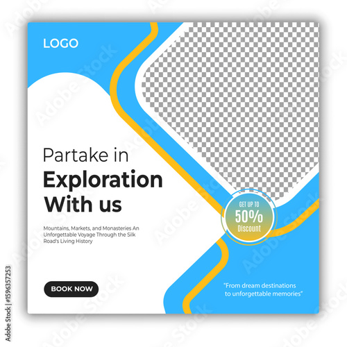 Travel and tour social media posts and web banner square design template