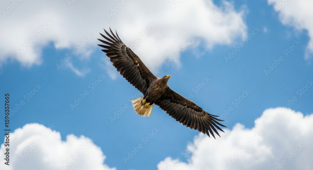 Majestic eagle soars through azure sky, wings spread wide in a picturesque scene Majestic eagle soars through azure sky, wings spread wide in a picturesque scene