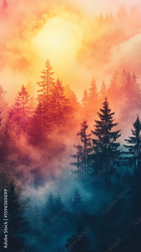 Fototapeta premium Fog Rolling Through Forest Trees at Sunset with Warm Light