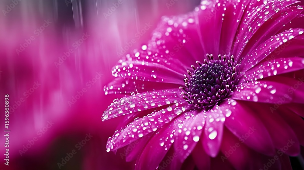Obraz premium A vibrant pink flower covered with glistening water droplets