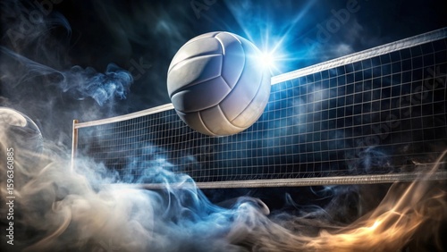 Dynamic Volleyball Action A Ball Soars Over the Net in a Smoky Arena