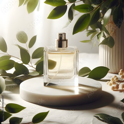 Elegance in a Bottle: A luxurious perfume bottle, encased in a sleek and minimalist design, sits gracefully amidst verdant leaves, exuding an aura of sophistication, nature, and pure elegance.