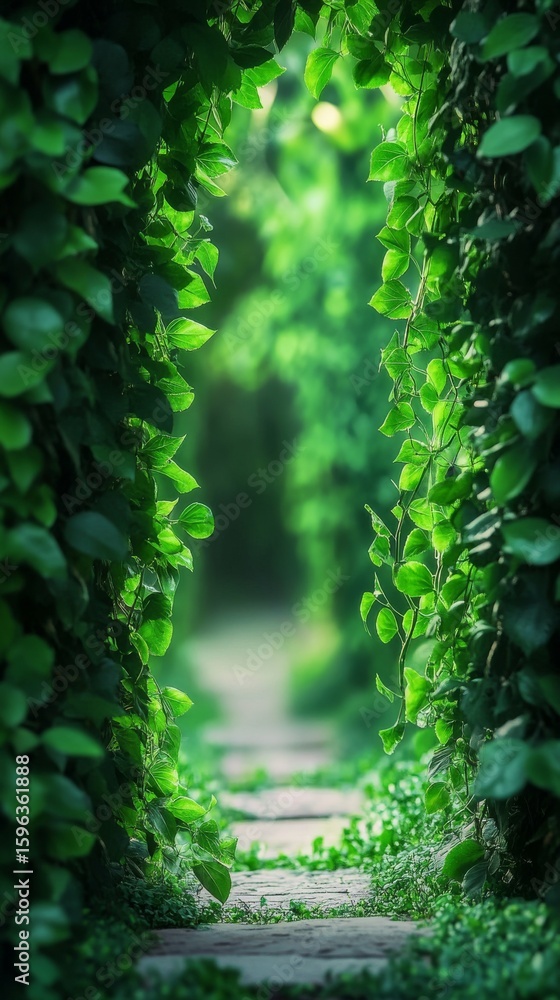 Fototapeta premium Walking Path Through Green Garden Tunnel with Leafy Vines