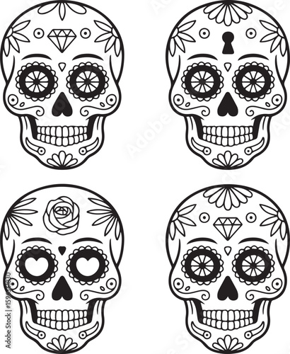 Ornate Sugar Skull Vector Art

Decorative Día de los Muertos Skull Design

Colorful Calavera Skull Illustration

Floral Sugar Skull Silhouette

Traditional Mexican Skull Festival Graphic