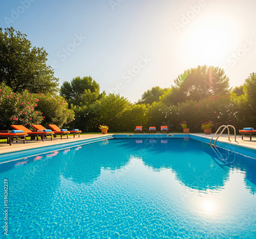 Vue au bord d'une piscine avec des chaises longues