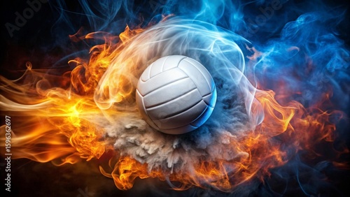 Fiery Volleyball Showdown A Dynamic Composition of  Smoke, Dust, and Intense Flames Surrounding a Sport Ball
