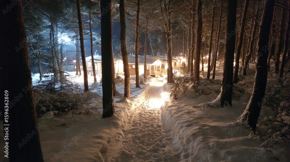 Naklejka premium Snowy Forest Path at Night with Illuminated Buildings