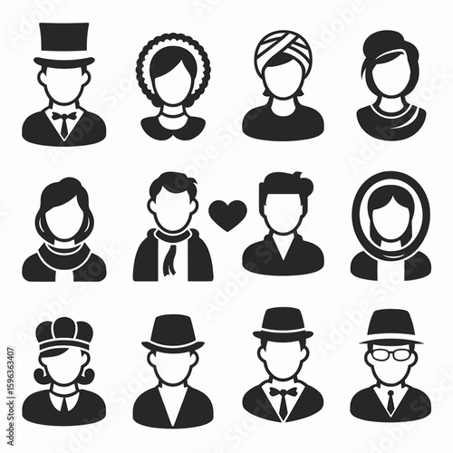 Vector icon sheet of black and white people illustrations with hats and accessories – Suitable for avatar design, cultural diversity projects, or UI icon sets
