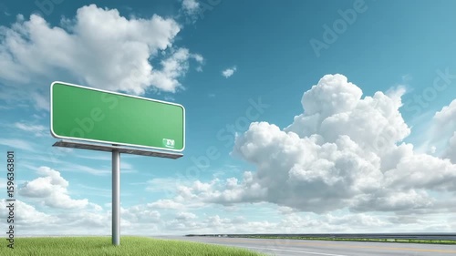 Empty green highway sign under a partly cloudy sky