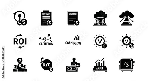 Financial Icons Depicting Business Finance and Investment Concepts.