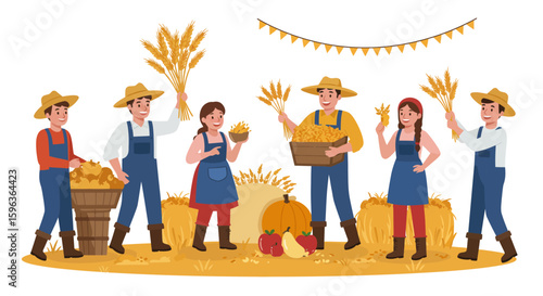 Farmers Celebrating Harvest with Crops and Produce.
