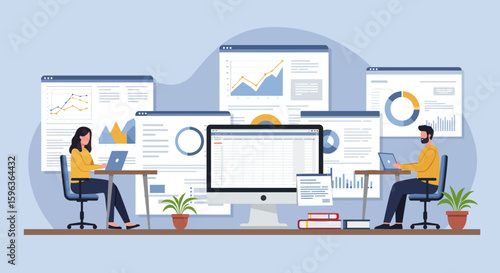 Business Professionals Analyzing Data on Computer Screens.