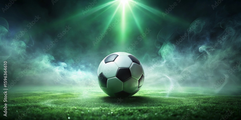 Fototapeta premium A lone soccer ball rests on a dewy field, illuminated by a single spotlight amidst swirling green smoke, creating a dramatic and mysterious scene.