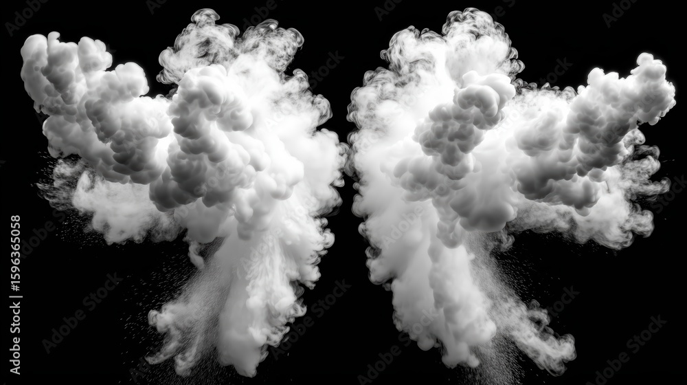 Fototapeta premium Symmetrical cloud explosion on black background creates dramatic visual effect art concept