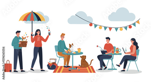 People Enjoying Outdoor Activities with Pets and Food.