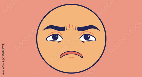 Cartoon Face Expressing Sadness and Disappointment on Pink.