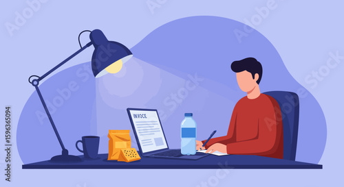 Person Working on Invoice at Desk with Laptop.