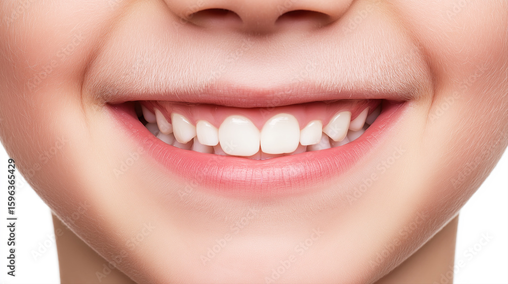 Fototapeta premium Close-up of a child's smile with clean white baby teeth. Happy expression, natural lighting. Perfect for dental care, oral health. Panoramic banner
