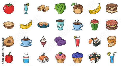 A colorful collection of various food and drink items, including fruits, vegetables, desserts, and beverages, arranged in a grid pattern.