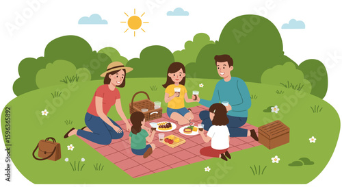 Family Enjoying a Picnic Outdoors on a Sunny Day.
