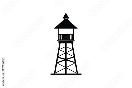 Isolated Black and White Water Tower Structure with a Roof and Support Beams Presented in a Silhouette Style on a White Background silhouette