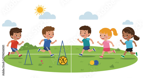 Children Running and Playing Sports Outdoors.