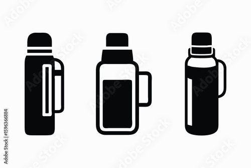 Black Thermos Bottle Icon Set – Minimalist Insulated Flask Vector Silhouettes for Hot Beverage Storage