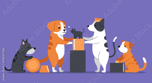Cartoon Dogs and Cat Working Together.