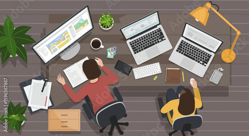 Overhead View of People Working at Desks.