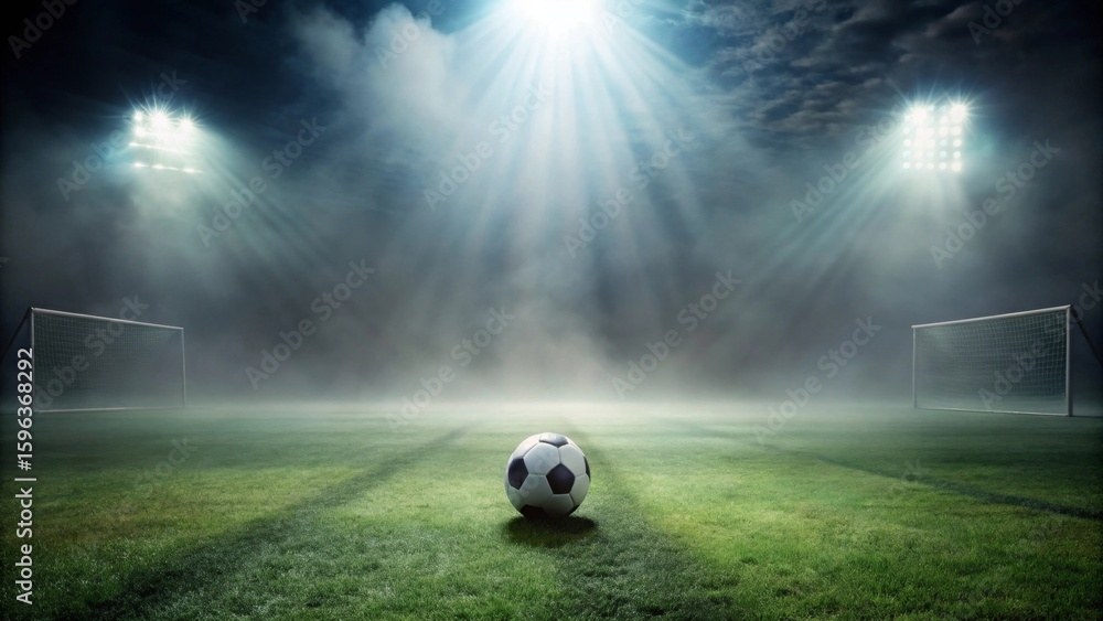 Fototapeta premium A solitary soccer ball rests on a dewy field, illuminated by stadium lights under a hazy night sky, goals stand silently at either end