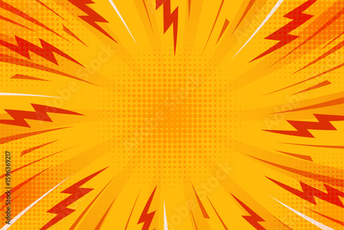 Comic illustration with burst effect and lightning bolts. Abstract vector design of powerful energetic frame. Manga superhero art. Explosion perfect for retro pop art elements.