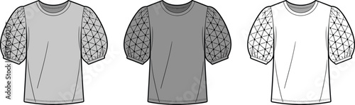 Fashionable puff sleeve tops, geometric sleeve design, trendy women's apparel, modern garment silhouettes, vector template, minimalist illustration, stylish wardrobe staple