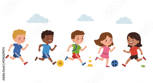 Diverse Group of Children Running and Playing Outdoors.