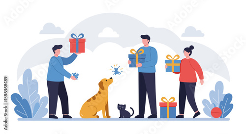 People Giving Gifts to Pets Celebration Illustration.
