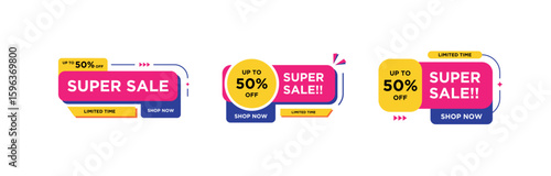 Promotional Labels featuring Super Sale and discount with vibrant colors and modern design elements for engaging customer attention.