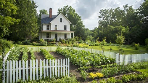 Charming white farmhouse with a lush garden and white picket fence