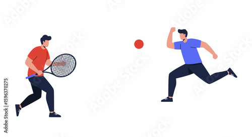 Tennis Players in Action with Ball Illustration.