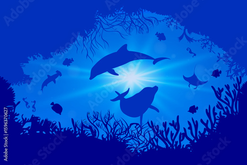 Ocean silhouette with dolphins, manta rays, seahorses, and coral reef under sunlit water. Ideal for marine backgrounds, underwater themes, and ocean conservation projects.