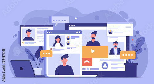 Vector Illustration of Online Video Conference Meeting.