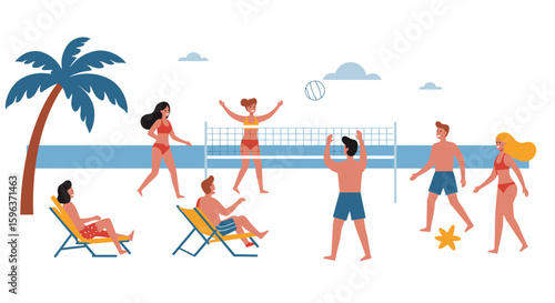 People Playing Beach Volleyball and Relaxing on Vacation.