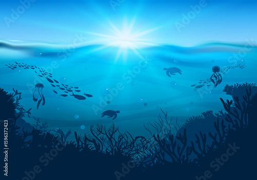 Underwater vector scene with jellyfish, sea turtles, coral reef, and sunlight. Perfect for marine backgrounds, ocean life concepts, and aquatic themed designs.