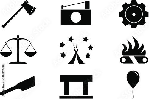 Black and white icons axe camera gear scales teepee campfire knife table balloon vector
